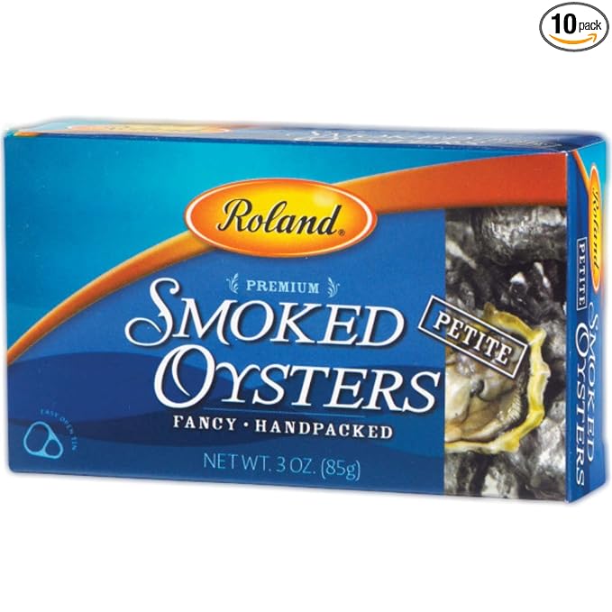 Roland Foods Petite Premium Smoked Oysters in Oil, Wild Caught, 3 Ounce Tin, Pack of 10