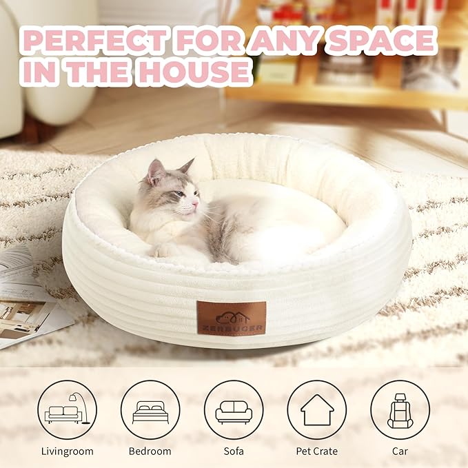 20in Cream Round Cat Dog Bed Gift for Large Medium Small Dogs Cats, Machine Washable Sleeping Sofa
