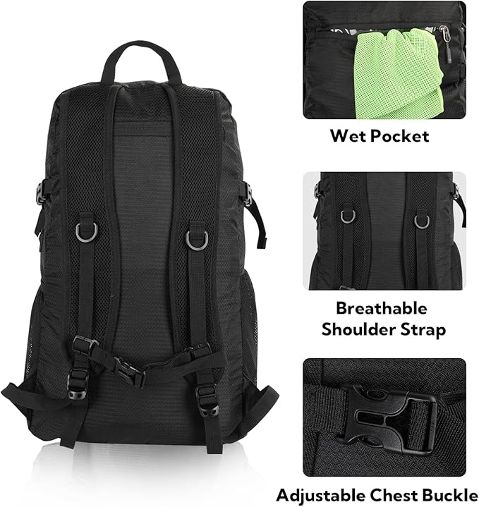 WATERFLY Lightweight Packable Hiking Backpack: 30L Foldable Travel Daypack Ultralight Camping Day