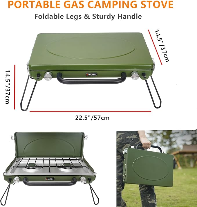 ONLYFIRE Portable Camping Stove 2-Burner, Propane Camp Stove with Foldable Legs, Camping Grill