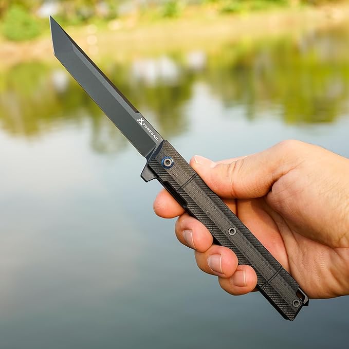 Flipper Pocket Folding Knife,DC53 Steel Blade and G10 Handle. With pocket clip and glass