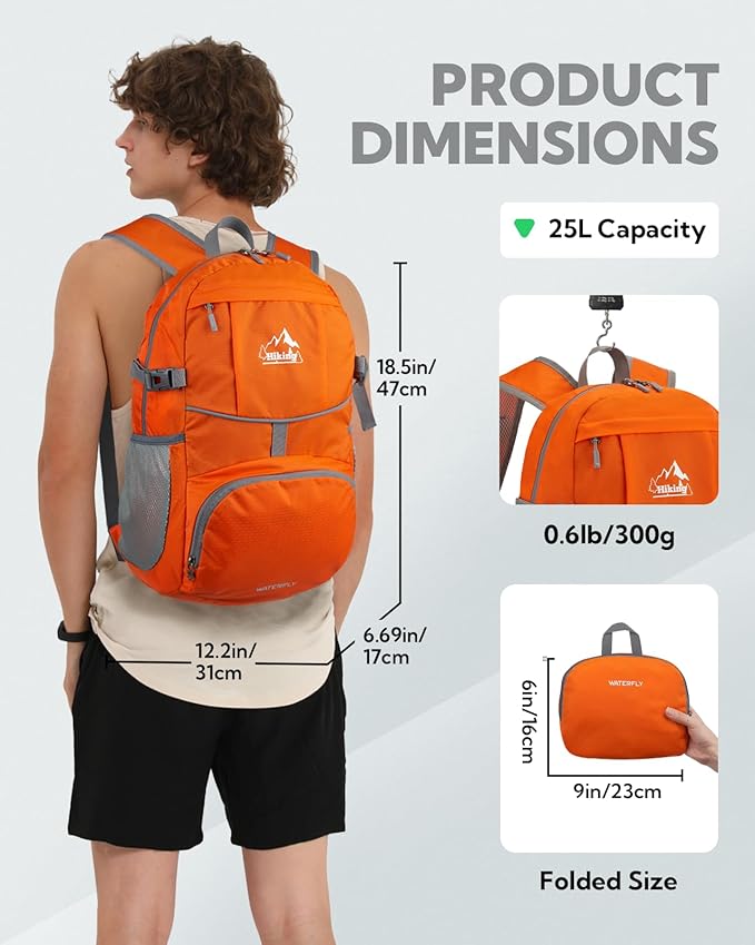 WATERFLY Hiking Foldable Daypack Backpack: 25L Ultra Lightweight Waterproof Day Pack for Woman Man