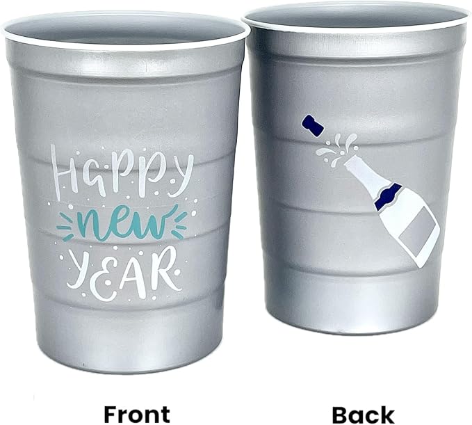 16 oz. Party Cups 'Happy New Year' Champagne Design for Cold Drinks, Durable, Disposable