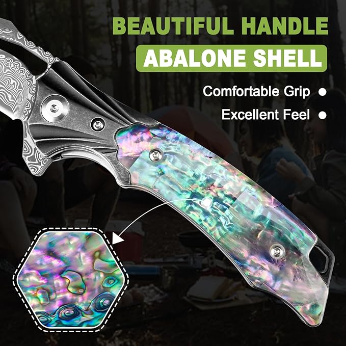 Damascus Pocket Knife for Women, 3.15" VG10 Damascus Steel Blade EDC Folding Knife with Sheath
