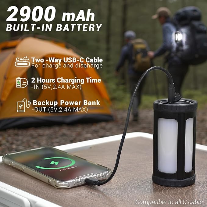Camping Lantern Rechargeable 150Hr Runtime, 600LM Ultra Bright 360° COB Camping Light, IPX7