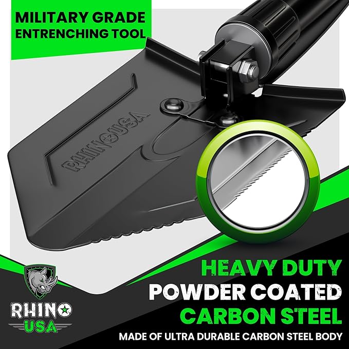 RHINO USA Folding Survival Shovel w/Pick - Heavy Duty Carbon Steel Military Style Entrenching Tool