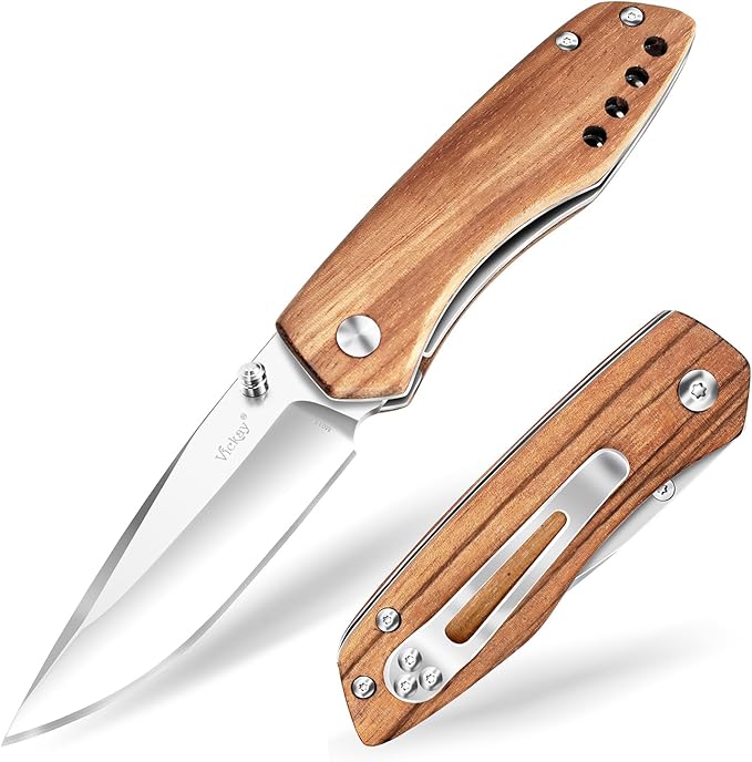 Vickay Folding Pocket Knife with Clip, 2.95" 8Cr13MoV Steel Blade, Wood Handle EDC Knife for Men &