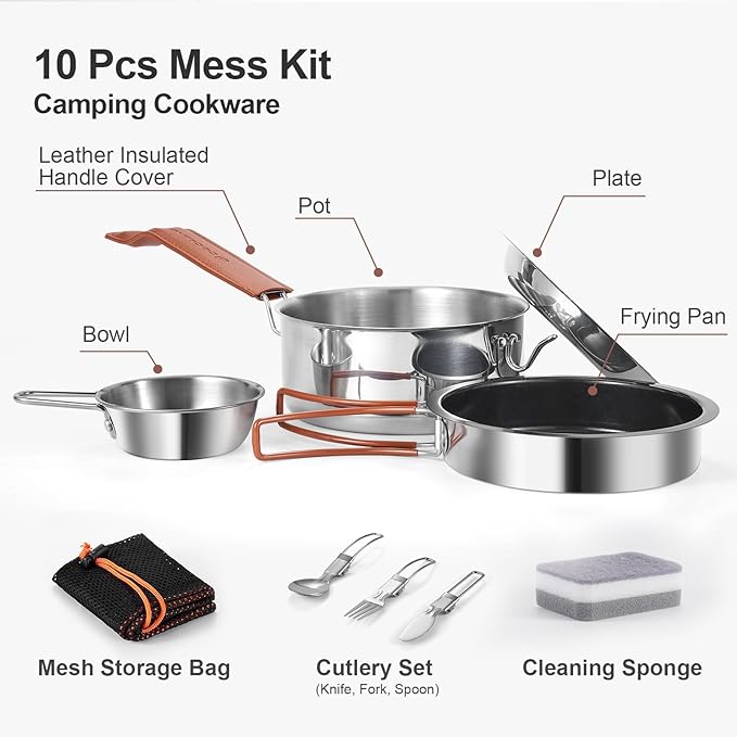 Odoland 10pcs Camping Cookware Stainless Steel Camping Pot and Pan Set with Plate Bowl Fork Knife