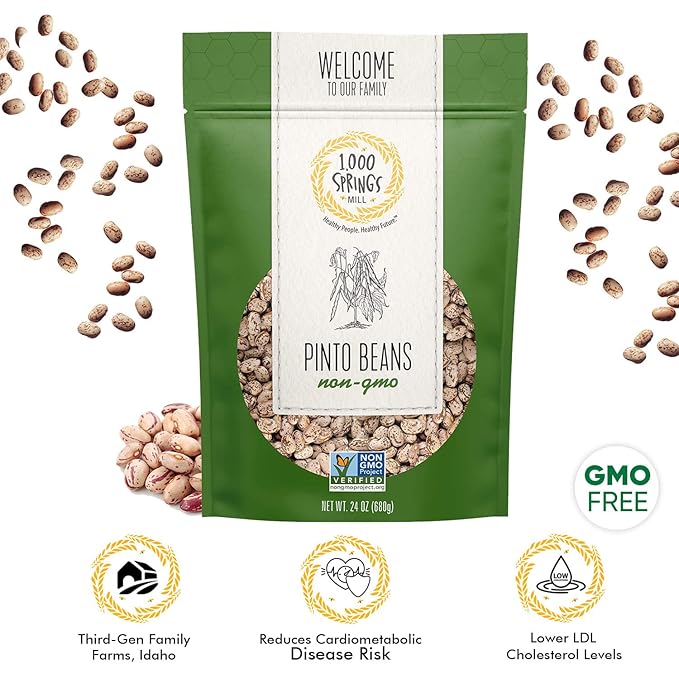 1000 Springs Mill Dry Pinto Beans - Non-GMO, Vegan-Friendly Bulk Pinto Beans with Resealable Bag