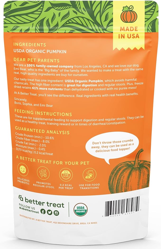 A Better Treat ??Freeze Dried Organic Pumpkin Dog and Cat Treats, Organic, Single Ingredient |