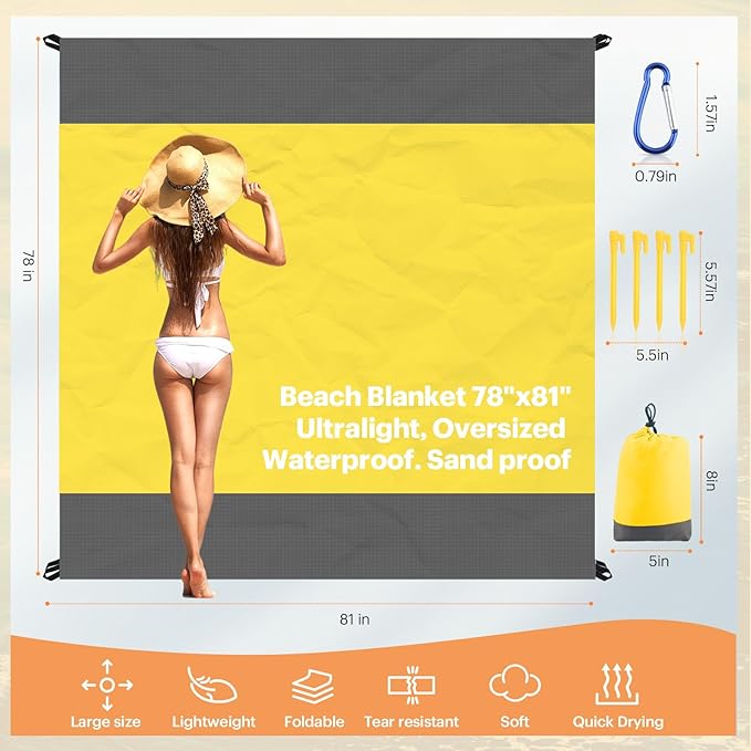 EASYFUN Beach Blanket Sandproof Oversized, 79''×83'' Extra Large Beach Mat, Portable Picnic Mat for