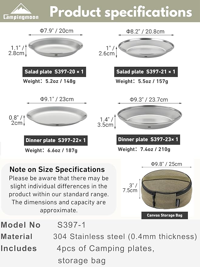 CAMPINGMOON Camping Plates 4 pack set Salad Side Dinner Plate Dishes Outdoor Tableware Stainless