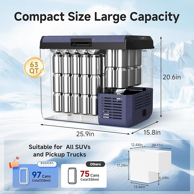 BODEGACOOLER 12v Car Refrigerator, 63QT(60L) IPX4 Waterproof Electric Cooler, APP Control Car
