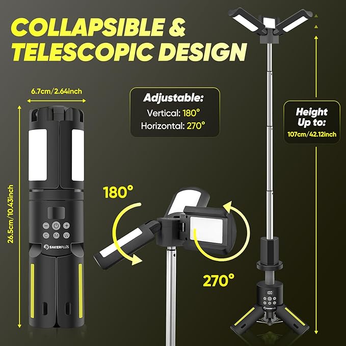 Portable Camping Lights with Stand, 5000LM Rechargeable LED Flashlight, 9 Color Modes, Collapsible