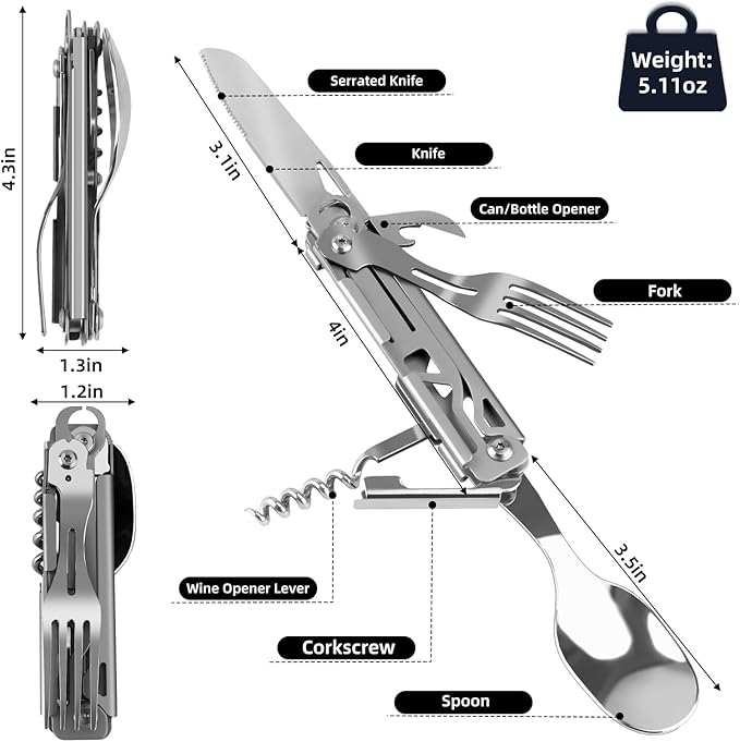 Portable 5-in-1 Camping Utensils - Detachable Travel Utensils Flatware Set - Compact Camping
