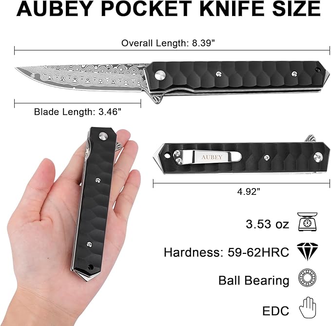 AUBEY Damascus Pocket Knife with Clip, Tanto Blade Damascus Steel Folding Knives for Men Tactical