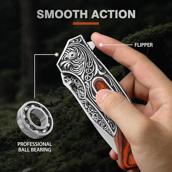 Pocket Knife for Men, 8.7" Folding Knife, 440 Stainless Steel Blade, 0.19lb, Wood Handle with 3D