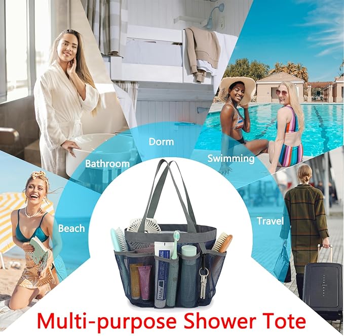 Mesh Shower Caddy Portable for College Dorm Room Essentials, 8-Pocket Large Shower Basket Tote Bag