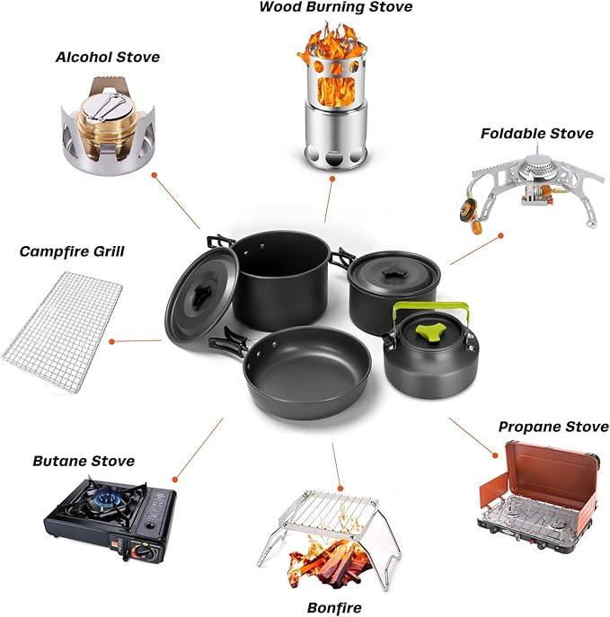 Odoland 29pcs Camping Cookware Mess Kit, Non-Stick Lightweight Pots Pan Kettle, Collapsible Water