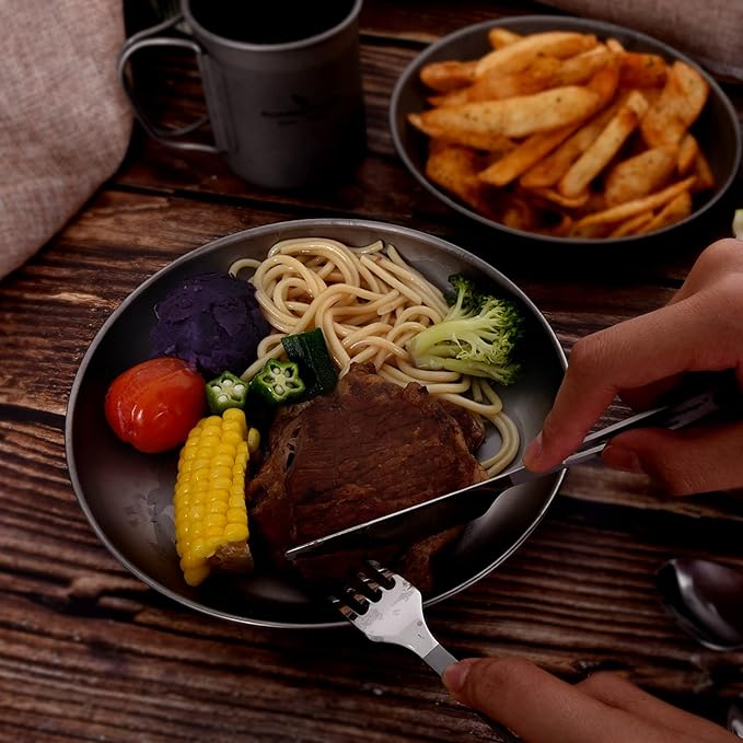iBasingo Titanium Plate 18.5cm Ultralight Camping Dinner Plate, Reusable Metal Dish for Steak