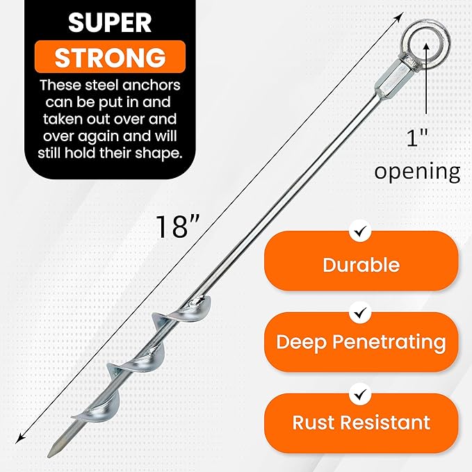 Earth Anchors - 18" Set of 4 Heavy Duty Ground Stakes - Screw in Anchors for Mobile Homes, Sheds