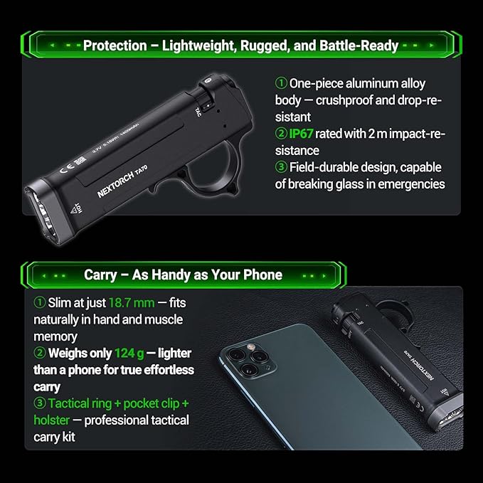 NEXTORCH TA70 EDC Tactical Flashlight,Flat Flashlight Rechargeable,3500 Lumens Tactical/Duty