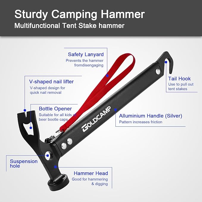 8 Pack Tent Stakes and Hammer with Canvas Storage Bag, Heavy Duty Camping Stakes for Outdoor Tent &