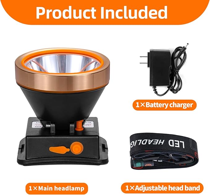 Superbright LED Rechargeable Headlamp,High Power 2 Light Modes Waterproof Headlight Adjustable Gold
