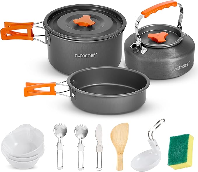 NutriChef Camping Cookware Set - Lightweight Nonstick Pots, Pans, Utensils, Bowls, Cutlery, and