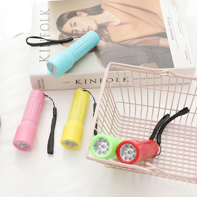 50 Pack 9-LED Mini Flashlight Bulk, Small Multicolor Flashlights with Lanyard, Batteries Included