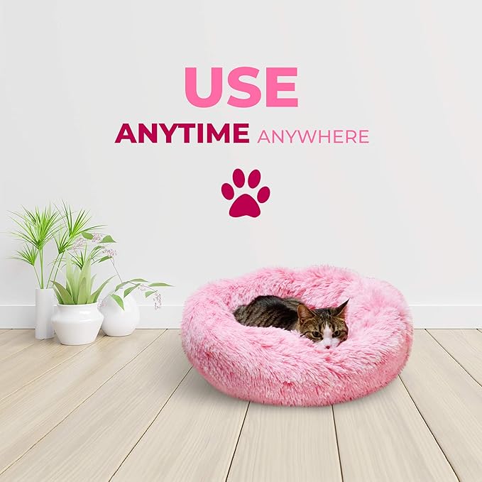Whiskers & Friends Cat Beds for Indoor Cats Washable, Orthopedic Soft Fluffy Round Calming Pet Bed