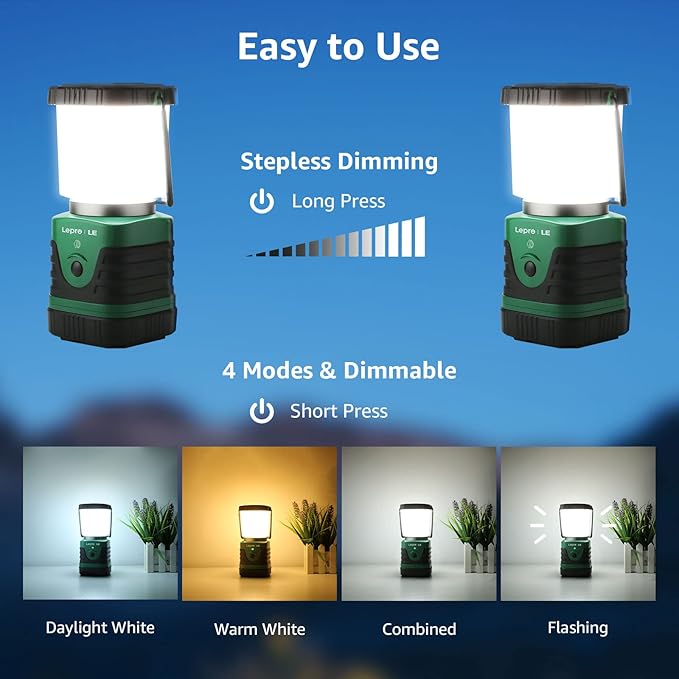 Lighting EVER 1000LM LED Camping Lantern Rechargeable, 4400mAh Power Bank, Camping Essential with 4