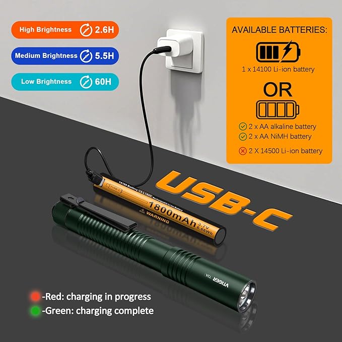 VTIGER T2A Compact EDC Flashlight,1500 High Lumens AA Rechargeable LED Flashlight, Super Bright