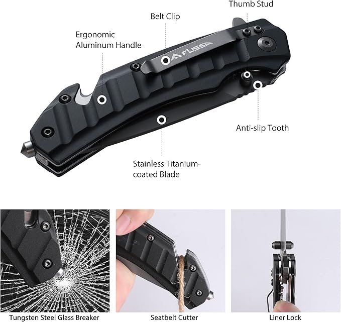 FLISSA Folding Pocket Knife, Tactical Knife with Liner Lock, Tanto Blade, Pocket Clip, Glass