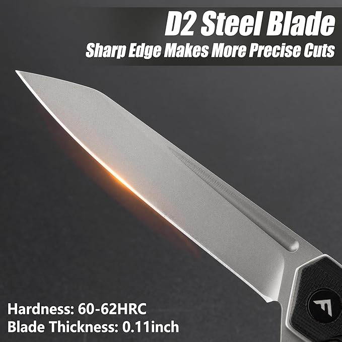 FLISSA Folding Knife, Pocket Knife with D2 Steel Blade, G10 Handle, Pocket Clip, Lightweight for