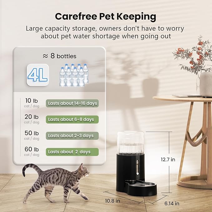 CZPET Automatic 4L/1Gal/135Oz Cat Water Dispenser with Stainless Steel Bowl, Gravity Waterer for