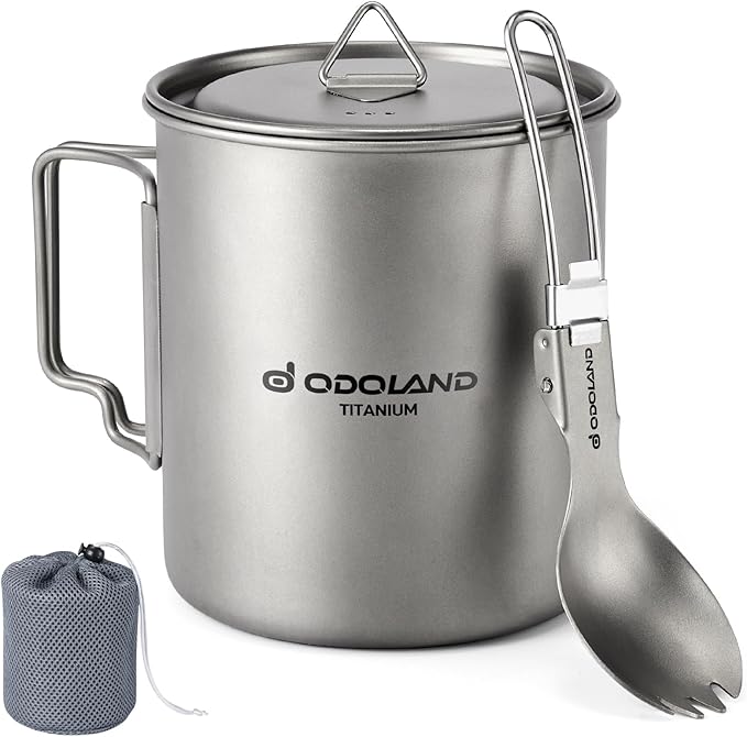 Odoland Titanium Camping Cookware 420ML Titanium Pot with Lid and Spork Lightweight Camping Pot for