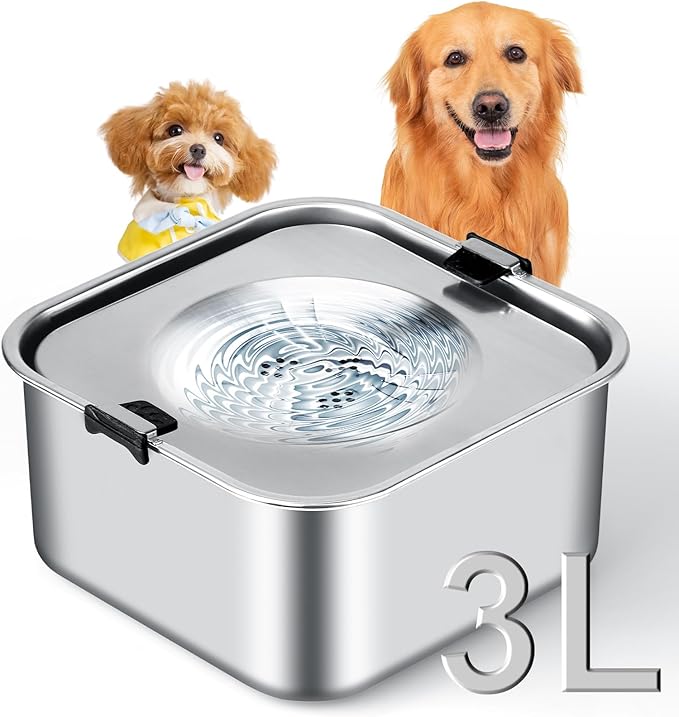 3L/101oz No Spill Dog Water Bowl, Slow Drinking Travel Dog Bowl Spill Proof, Stainless Steel
