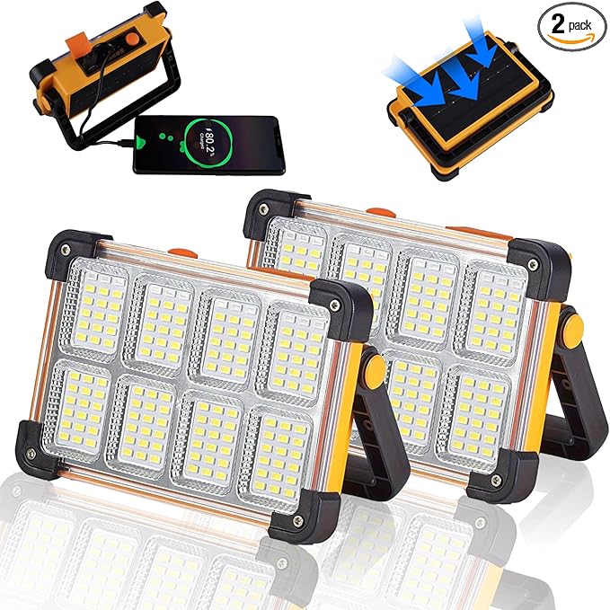 2 Pack 120W Solar Rechargeable Work Light, 144 LED 10000LM Portable Flood Light with Stand, IP66
