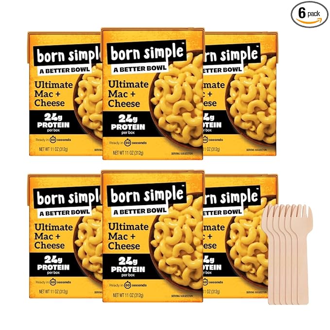Born Simple Ready to Eat Meals with Sporks, Ultimate Mac and Cheese, Improved Recipe - 24g Protein