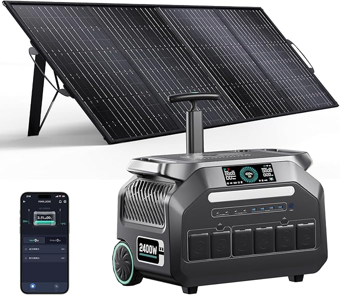 IEE P2400 Portable Power Station with 1x400W Solar Panel,2400W AC Outlet(Peak 5000W),1800W 1.2H