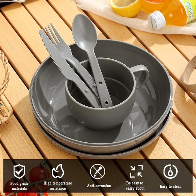 Berglander Camping Mess Kit with Bowl, Plate, Cup, Spoon, Fork, Knife and Carry Bag, Plastic