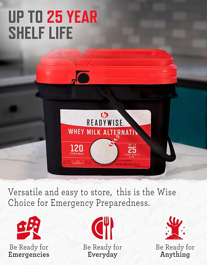 ReadyWise Whey Powdered Milk Alternative - 120 Servings Bucket, Emergency Food Supply, Protein