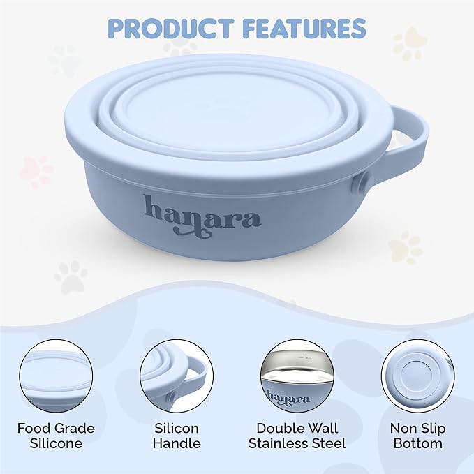 HANARA 2-in-1 Insulated Dog Bowl with Collapsible Lid & Handle ??Stainless Steel, Non-Slip Rubber