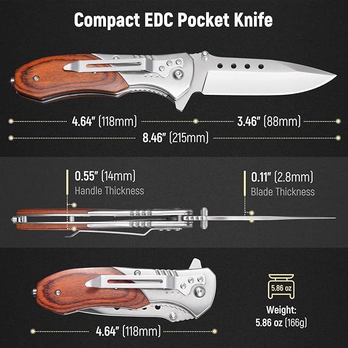 Pocket Knife for Men - 3.46" Sharp Blade Wood Handle Pocket Folding Knives with Clip, Glass Breaker