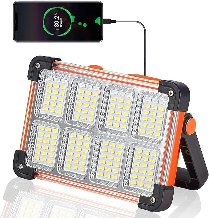 120W Solar Rechargeable Work Light, 144 LED 10000LM Portable Flood Light with Stand, IP66