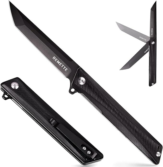 Tactical Folding Pocket Knife GD22K, 3.6" Black PVD Tanto Blade Flip Open with Durable G10