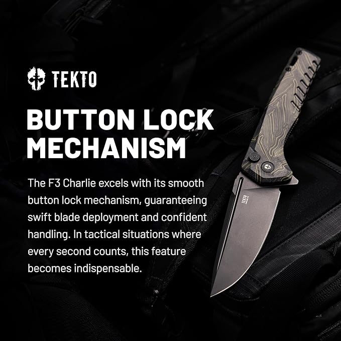 F3 Charlie Button Lock Folding Knife, Oversized Fine Edge Blade, Tactical Damascus G10 Handle