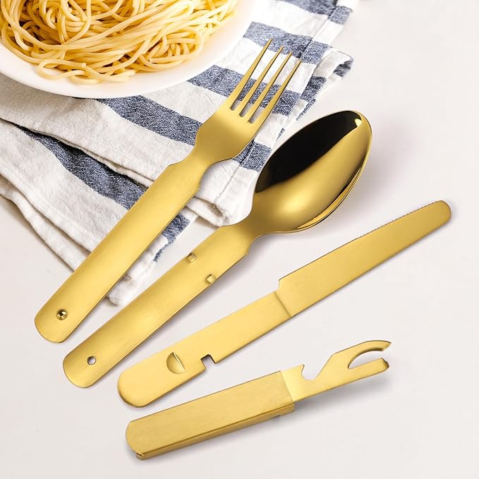 Picnic Silverware Gold Camping Cutlery Fork Knife Spoon Bottle Opener 4 Pieces Flatware Utensil Kit
