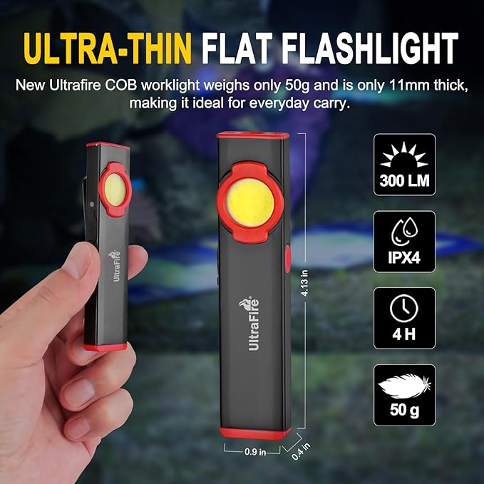 ULTRAFIRE EDC Flat Flashlight, 300 Lumen Rechargeable Magnetic Compact Pocket Light with Clip